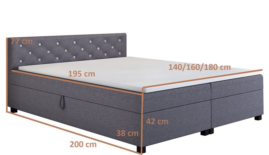 Rozměrový nákres — Princess 180x200 šedá — dvoulůžko s úložným prostorem