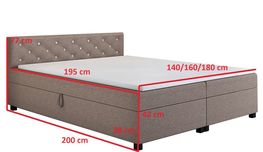 Rozměrový nákres — Princess 180x200 zlatobéžová — dvoulůžko s úložným prostorem
