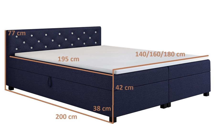 Rozměrový nákres — Princess 180x200 granátová — dvoulůžko s úložným prostorem