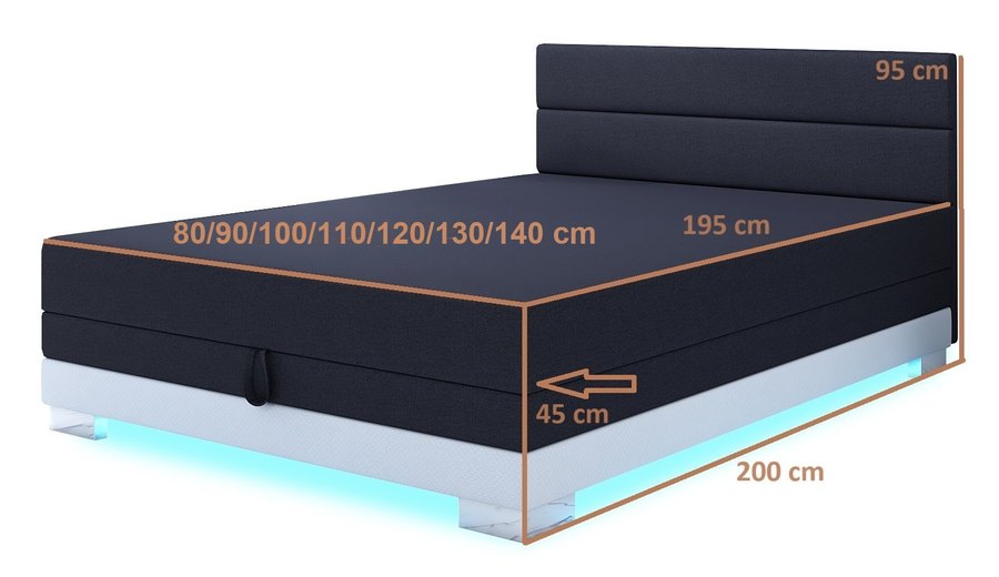 Rozměrový nákres — Torin 130x200 grafitová — dvoulůžko s LED osvětlením