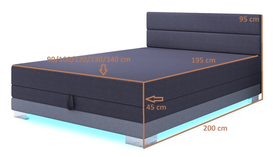 Rozměrový nákres — Torin 140x200 tmavě šedá — dvoulůžko s LED osvětlením
