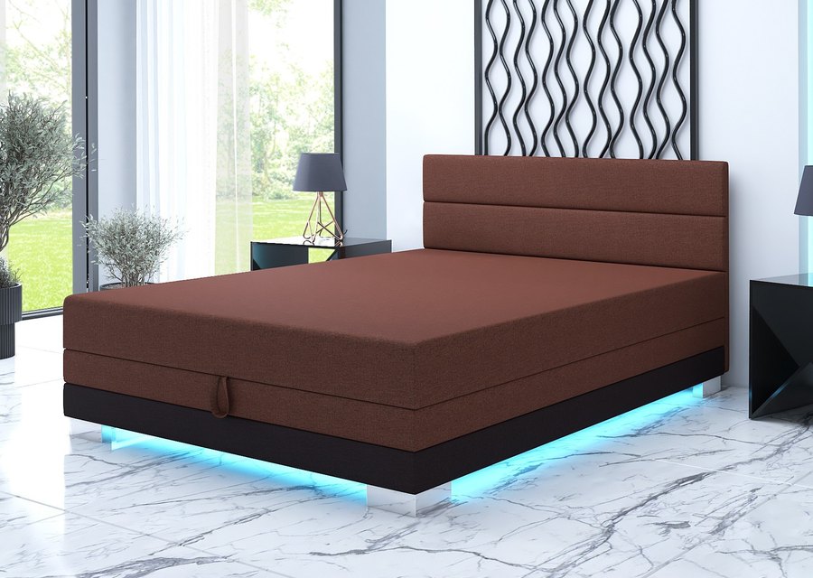 Torin 130x200 rezavě hnědá — dvoulůžko s LED osvětlením v interiéru ložnice