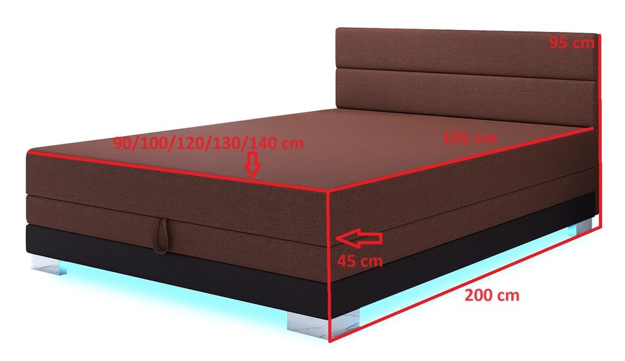 Rozměrový nákres — Torin 130x200 rezavě hnědá — dvoulůžko s LED osvětlením