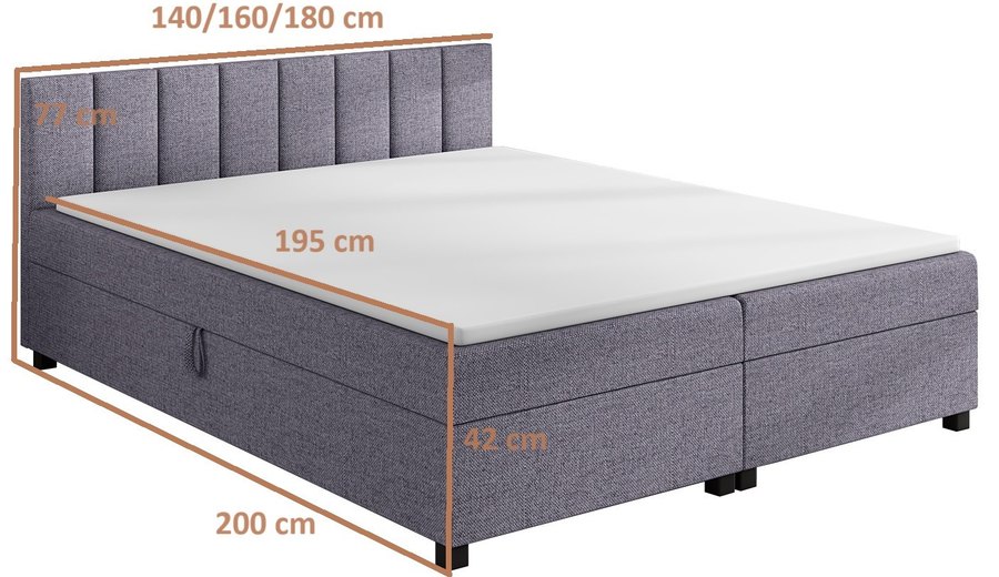 Rozměrový nákres — Leo 180x200 šedá — dvoulůžko s úložným prostorem