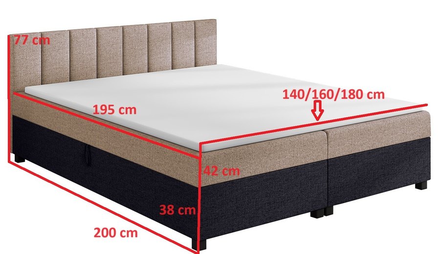 Rozměrový nákres — Leo 160x200 béžovo-grafitová — dvoulůžko s úložným prostorem