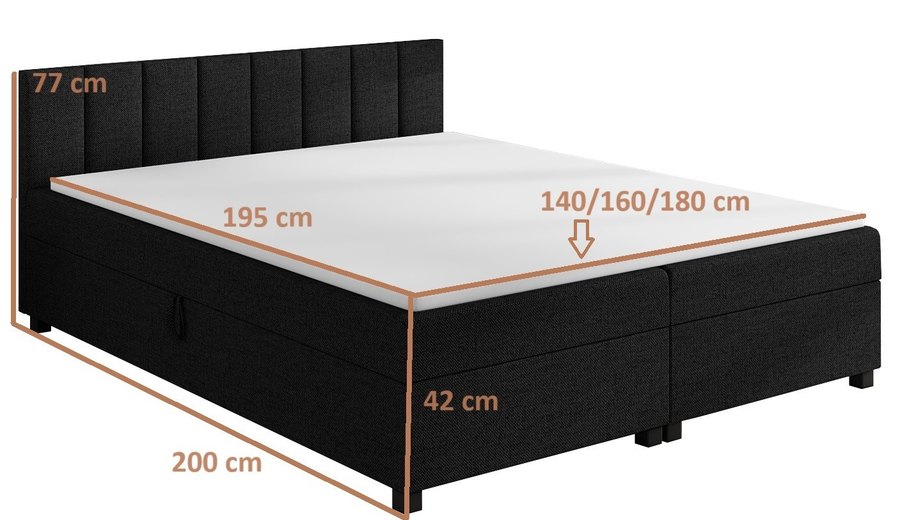 Rozměrový nákres — Leo 160x200 černá — dvoulůžko s úložným prostorem
