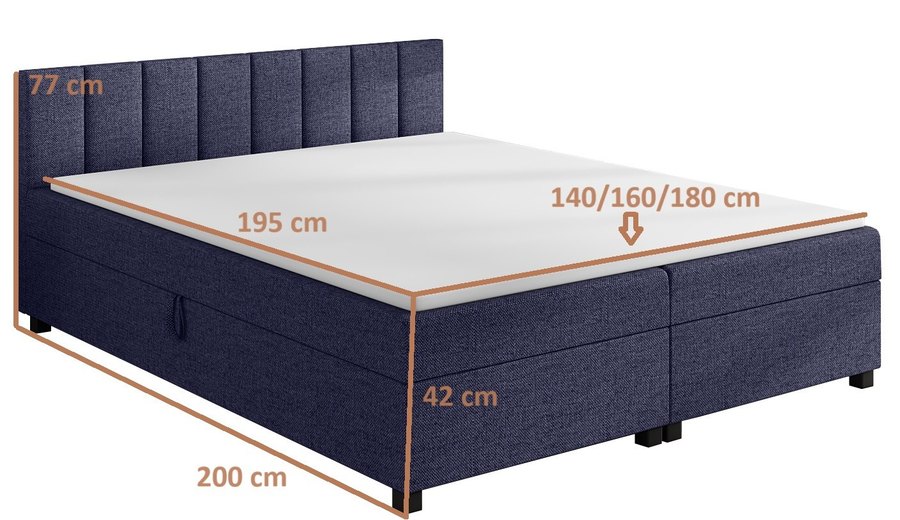 Rozměrový nákres — Leo 160x200 džínová — dvoulůžko s úložným prostorem